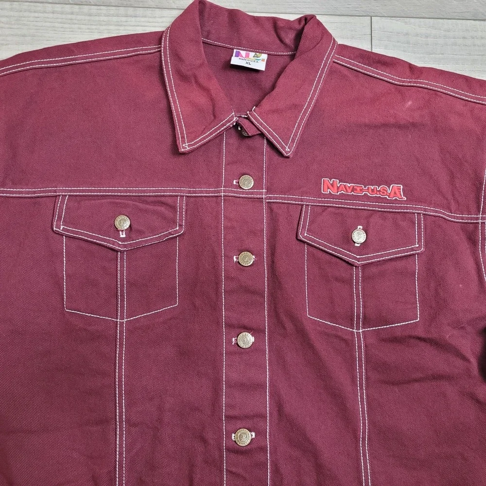 Vintage 90s NAVE Denim Jacket Vest Mens XL Burgundy Maroon Streetwear Made USA